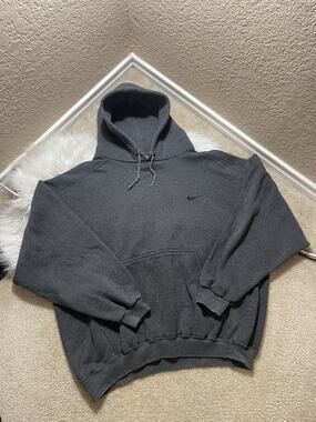 VTG Nike Mini Swoosh Hoodie 90s Size XL Dark Charcoal Grey White Tag HeavyWeight